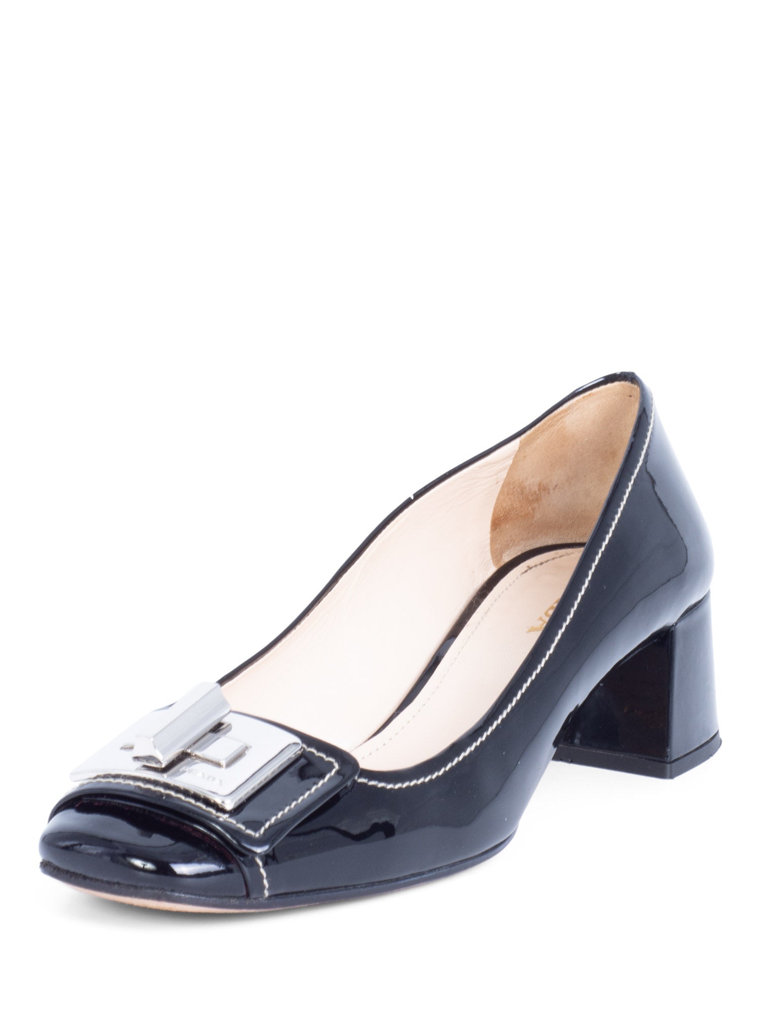 Prada Patent Leather Turnlock Buckle Logo Block Heel Shoes Black-designer resale