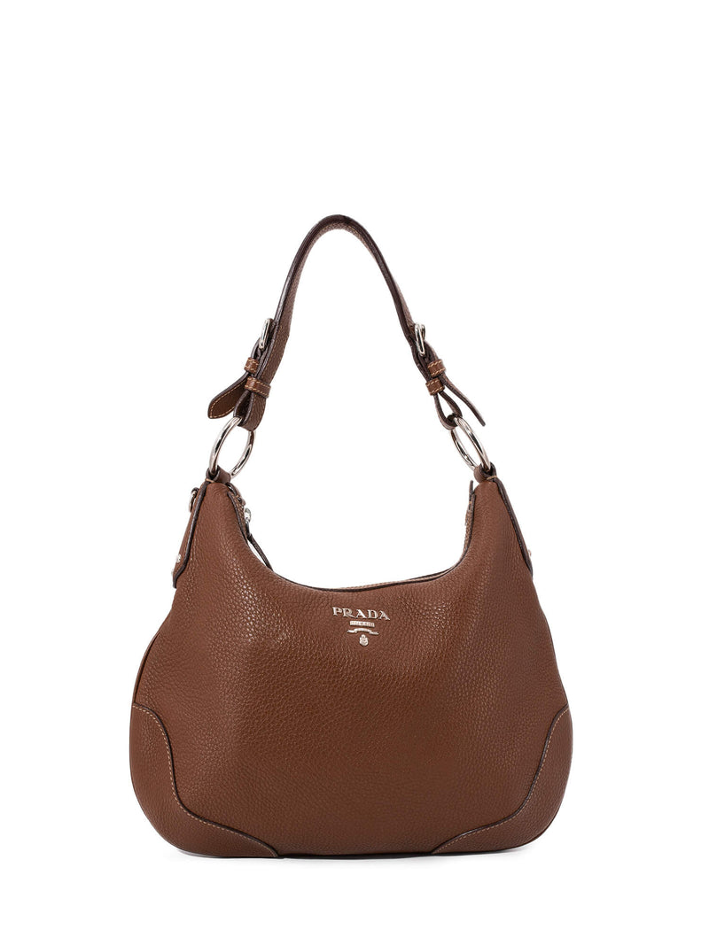 Prada Pebble Leather Hobo Bag Brown-designer resale