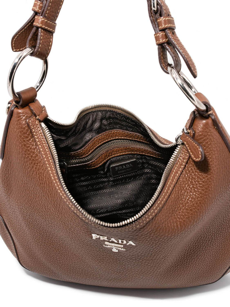 Prada Pebble Leather Hobo Bag Brown-designer resale