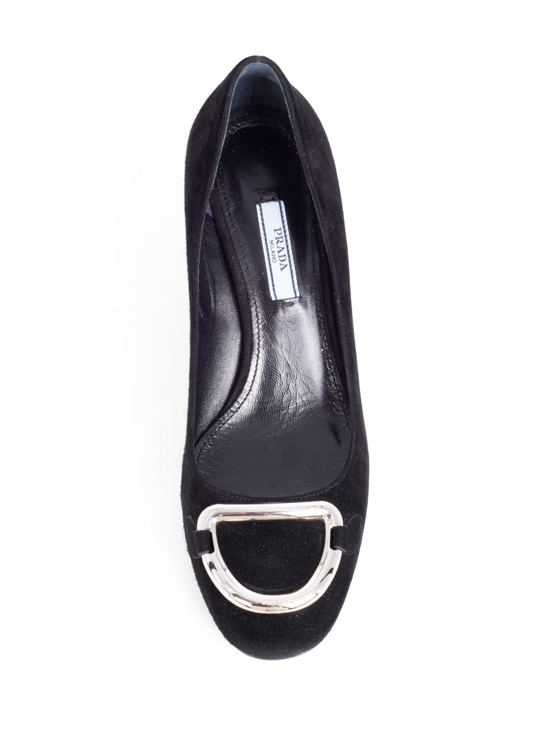 Prada Suede Leather Logo Buckle Block Heel Pumps Black-designer resale