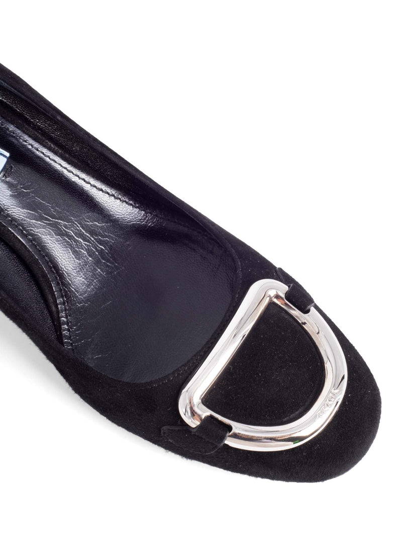 Prada Suede Leather Logo Buckle Block Heel Pumps Black-designer resale