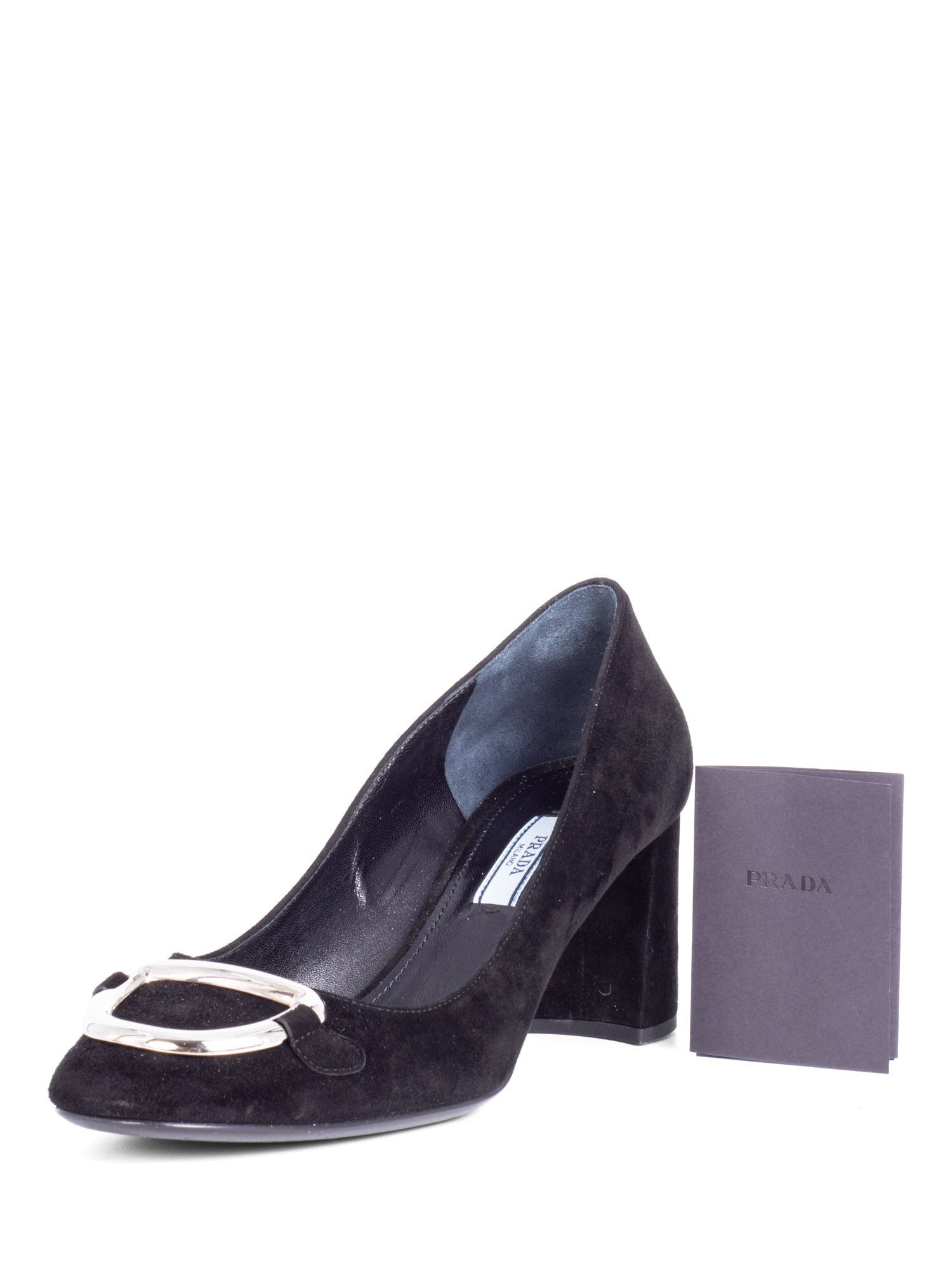 Prada Suede Leather Logo Buckle Block Heel Pumps Black-designer resale