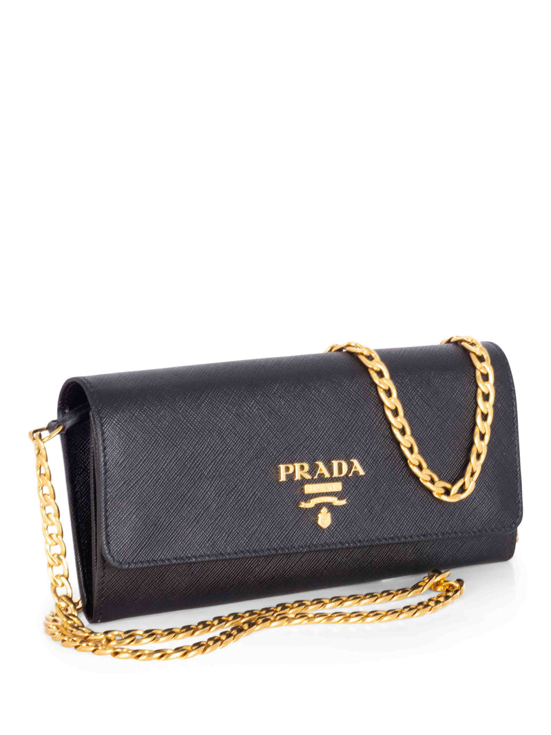 Prada Tessuto Leather Flap Wallet on Chain Black-designer resale