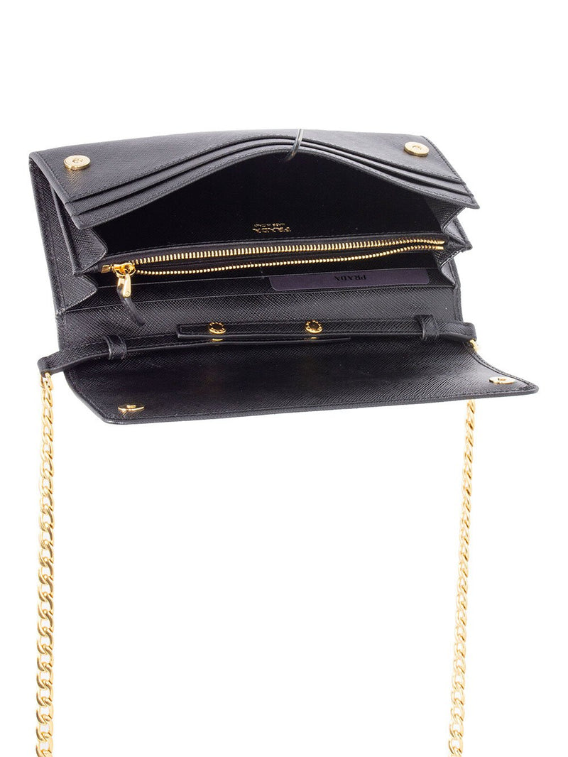 Prada Tessuto Leather Flap Wallet on Chain Black-designer resale