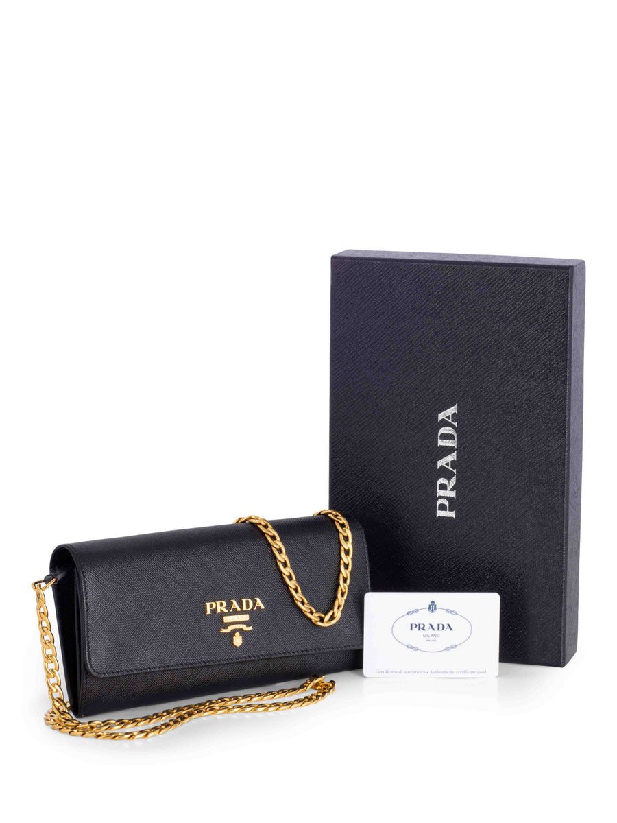 Prada Tessuto Leather Flap Wallet on Chain Black