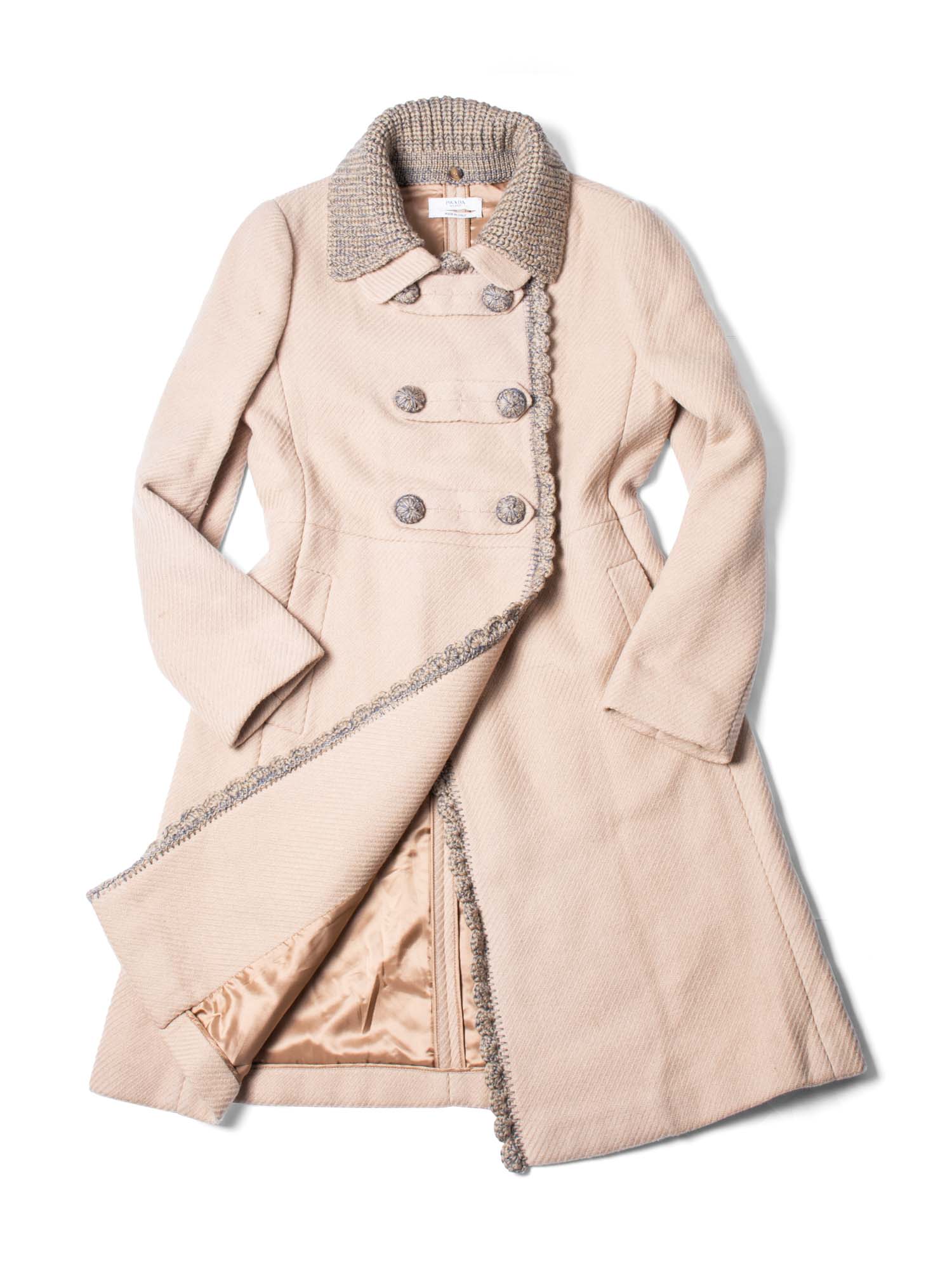 Prada Wool Fringe Fitted Coat Beige-designer resale