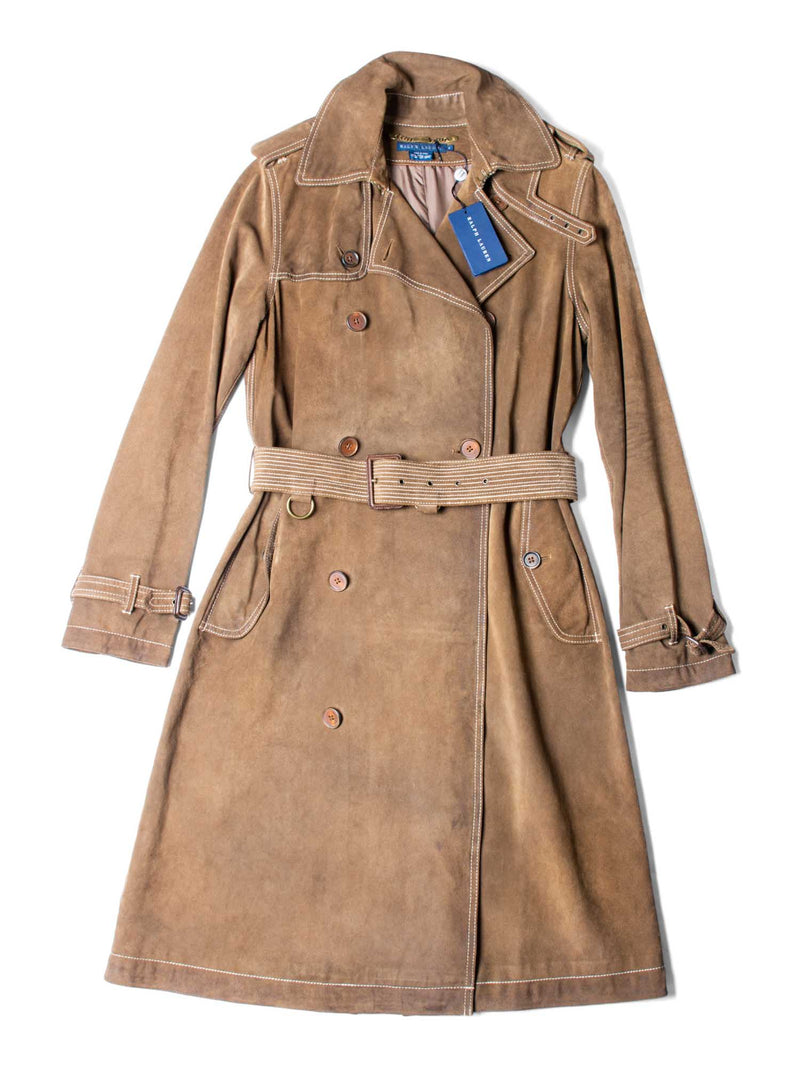 Ralph Lauren Suede Leather Belted Trench Coat Brown-designer resale
