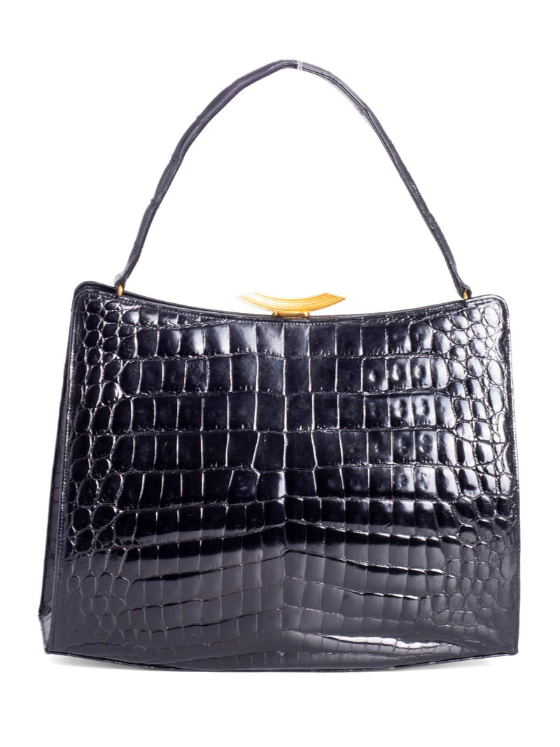 Rendl Original Vintage Shiny Crocodile Top Handle Bag Black-designer resale