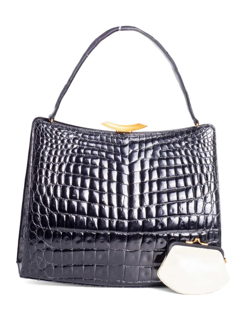 Rendl Original Vintage Shiny Crocodile Top Handle Bag Black-designer resale