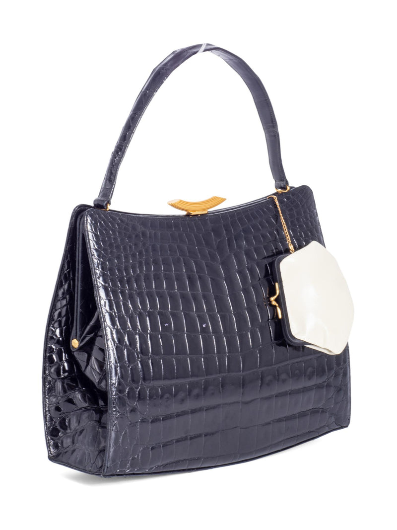 Rendl Original Vintage Shiny Crocodile Top Handle Bag Black-designer resale