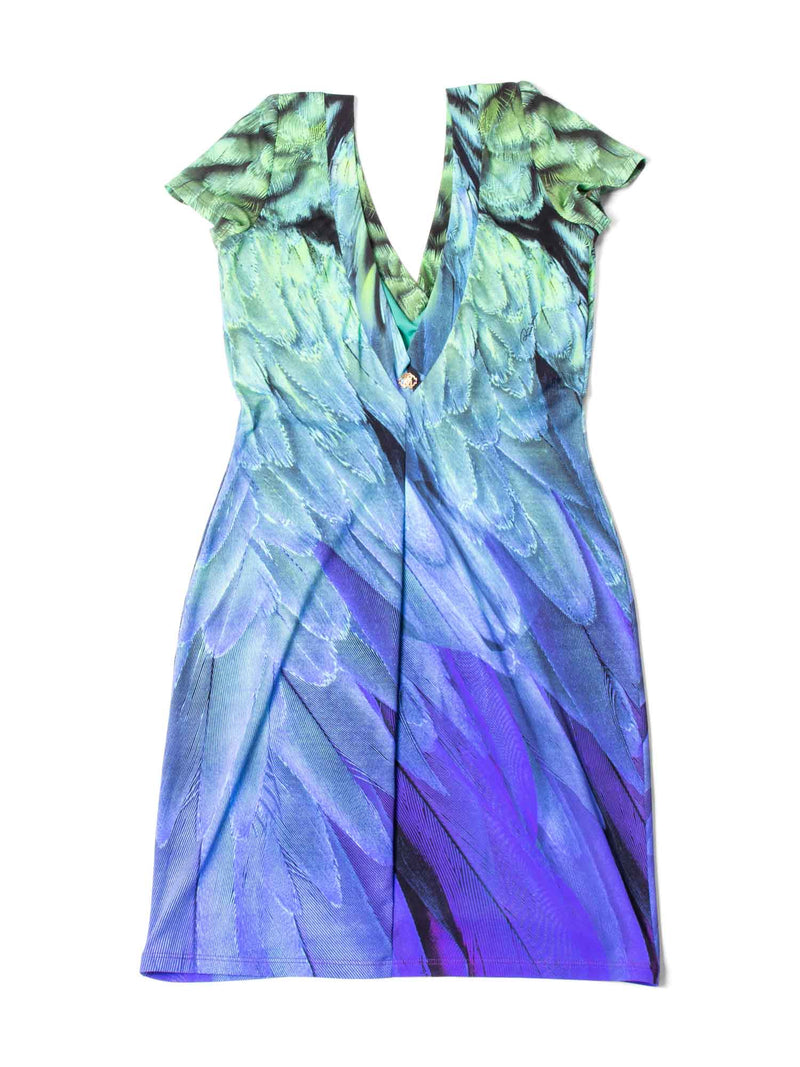 Roberto Cavalli Fitted Peacock Printed Midi Dress Blue Green-designer resale