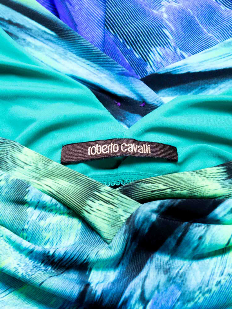 Roberto Cavalli Fitted Peacock Printed Midi Dress Blue Green-designer resale
