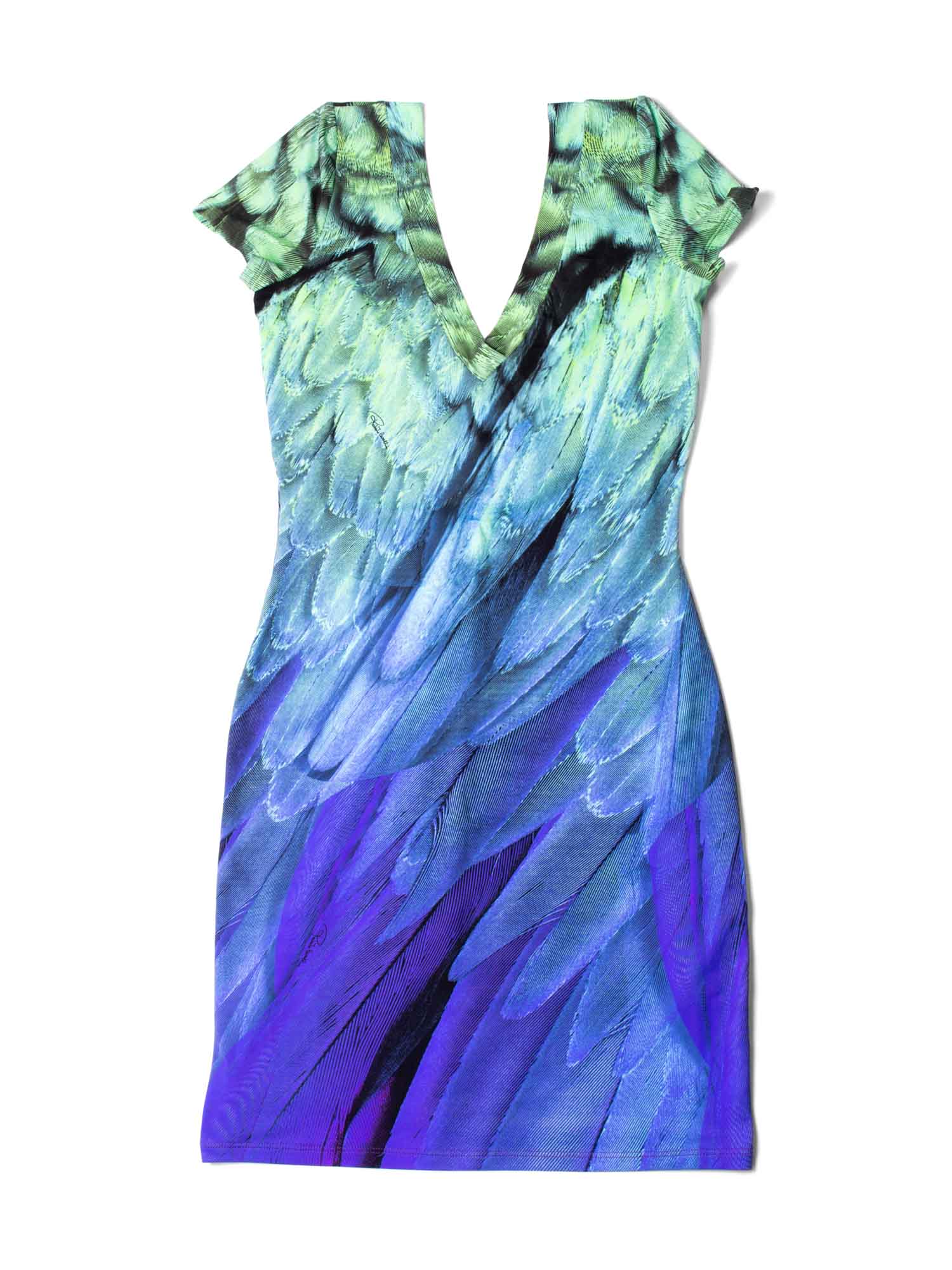 Roberto Cavalli Fitted Peacock Printed Midi Dress Blue Green-designer resale