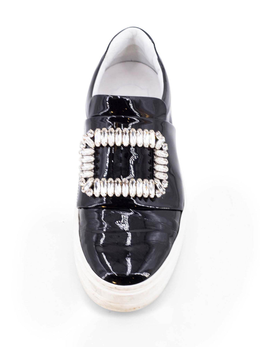 Roger Vivier Patent Leather Crystal Buckle Flat Shoes Black