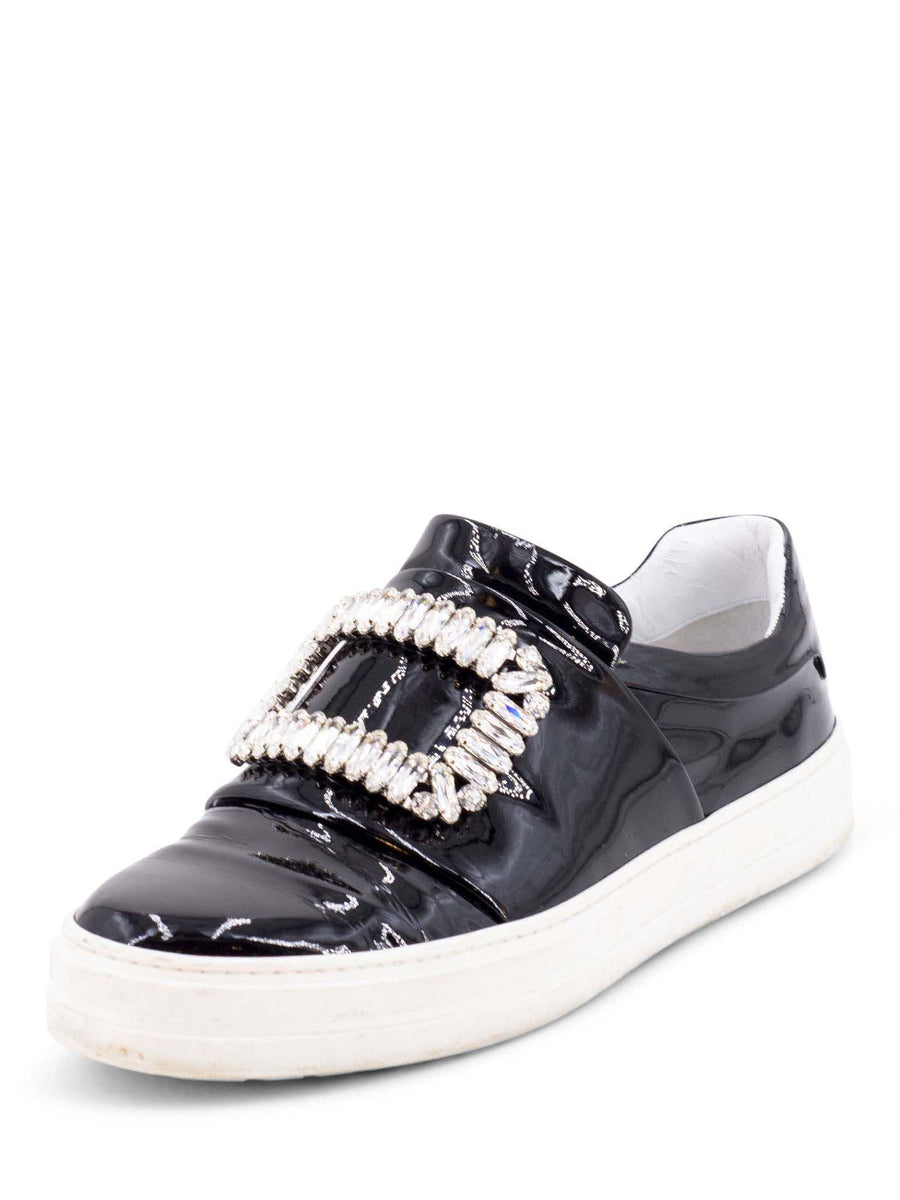 Roger Vivier Patent Leather Crystal Buckle Flat Shoes Black