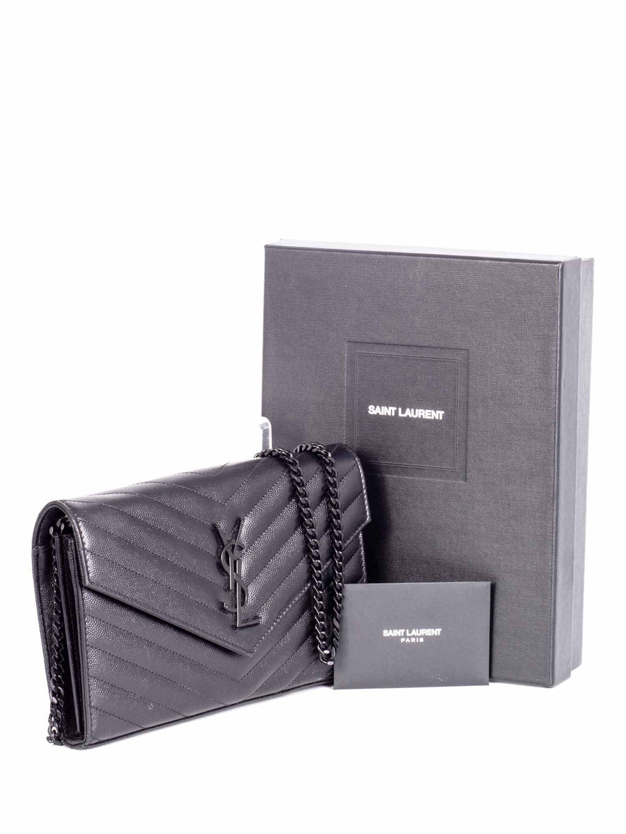 Saint Laurent Chevron Leather Monogram Wallet Chain Bag Black