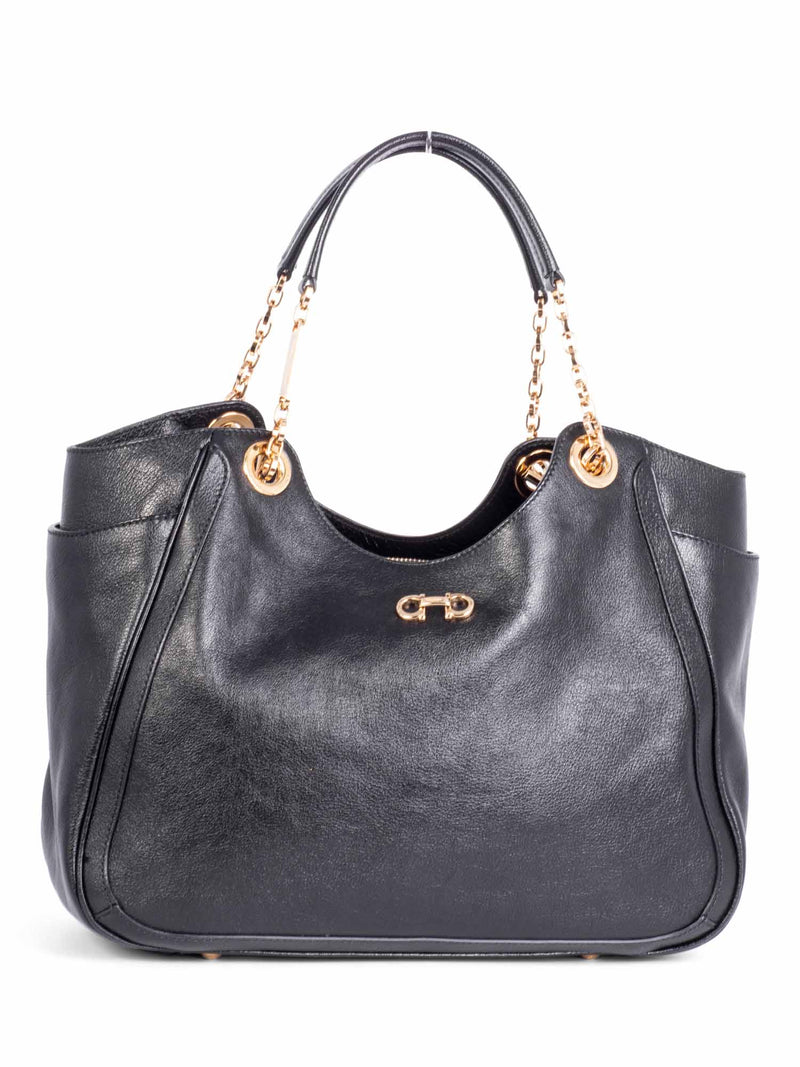 Salvatore Ferragamo Gancini Shiny Leather Shopper Bag Black-designer resale