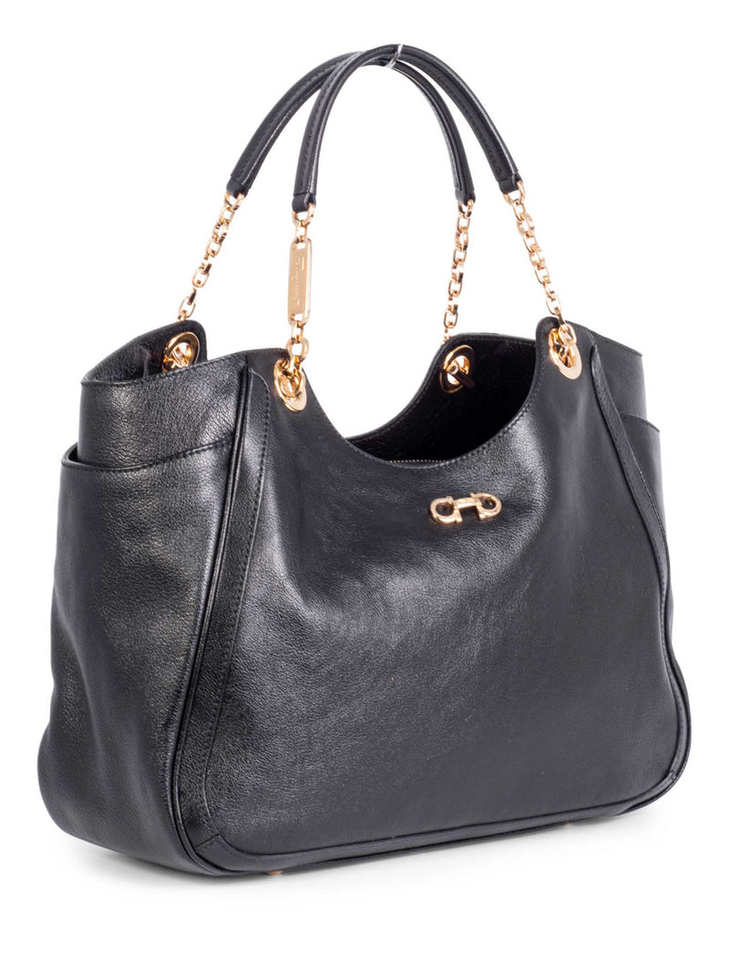 Salvatore Ferragamo Gancini Shiny Leather Shopper Bag Black-designer resale