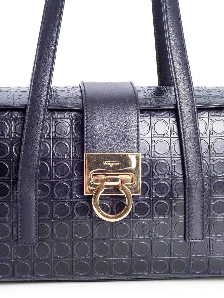 Salvatore Ferragamo Monogram Embossed Gancini Top Handle Bag Black