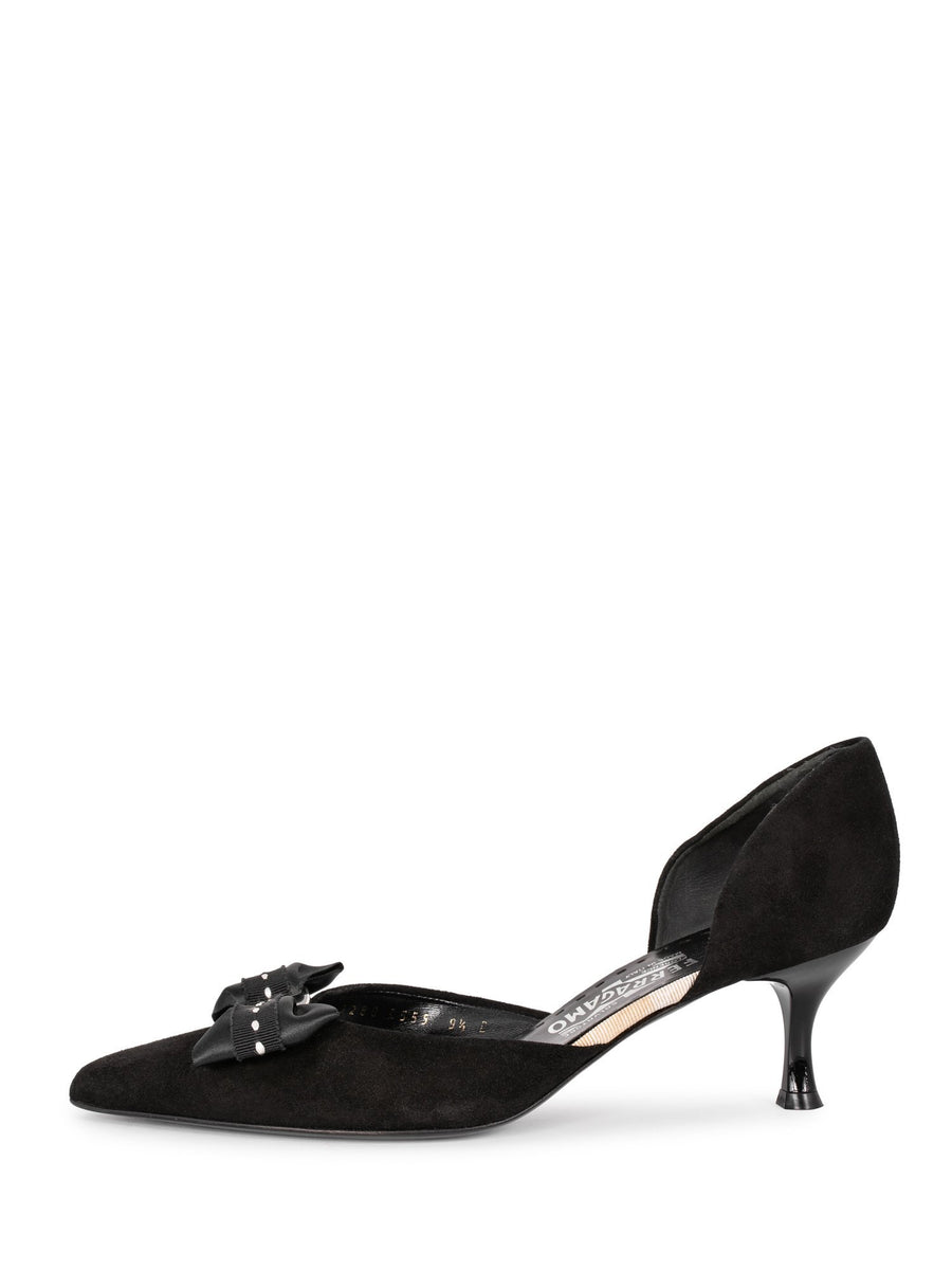 フェラガもFerragamo Fiocco Heels｜24.5｜黒 Salvatore Ferragamo Suede Bow Kitten Heels Black