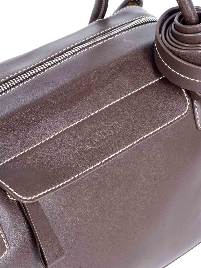 Tod's Leather Exposed Stitching Shoulder Bag Brown-designer resale