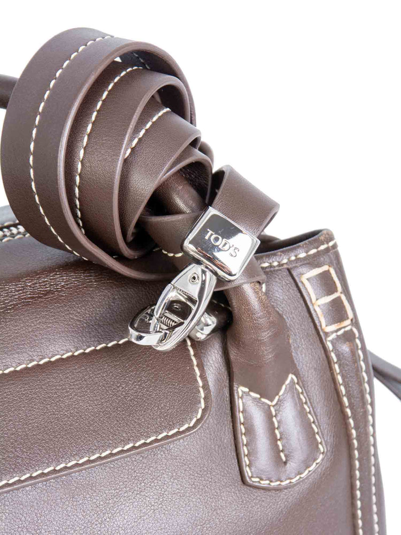 Tod's Leather Exposed Stitching Shoulder Bag Brown-designer resale