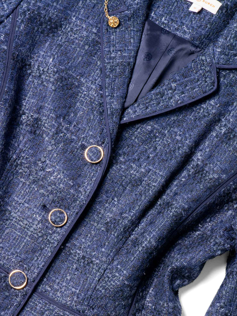 Tory Burch Logo Tweed Fitted Jacket Blue-designer resale