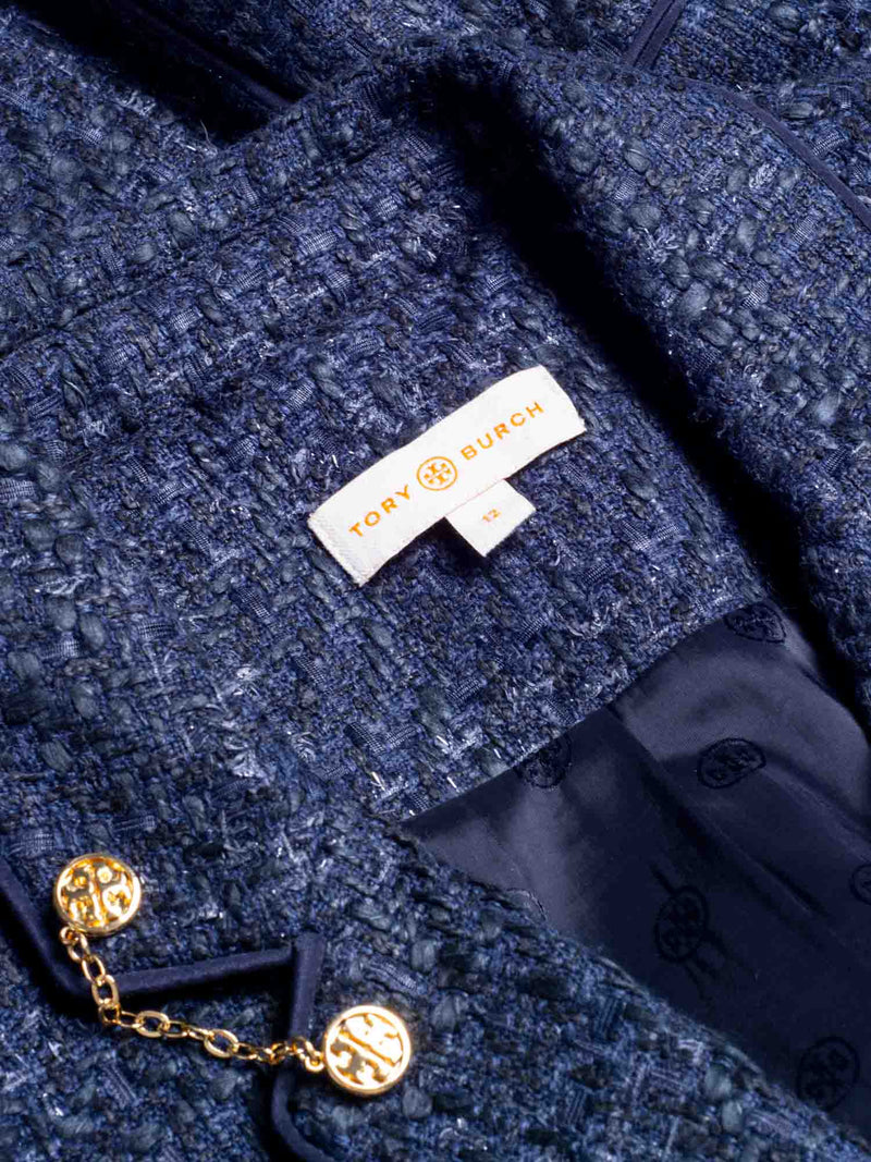 Tory Burch Logo Tweed Fitted Jacket Blue-designer resale