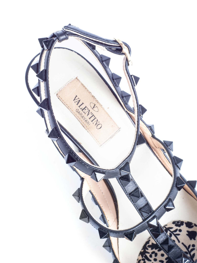 Valentino Leather Rockstud T Strap Heels Ivory Black-designer resale
