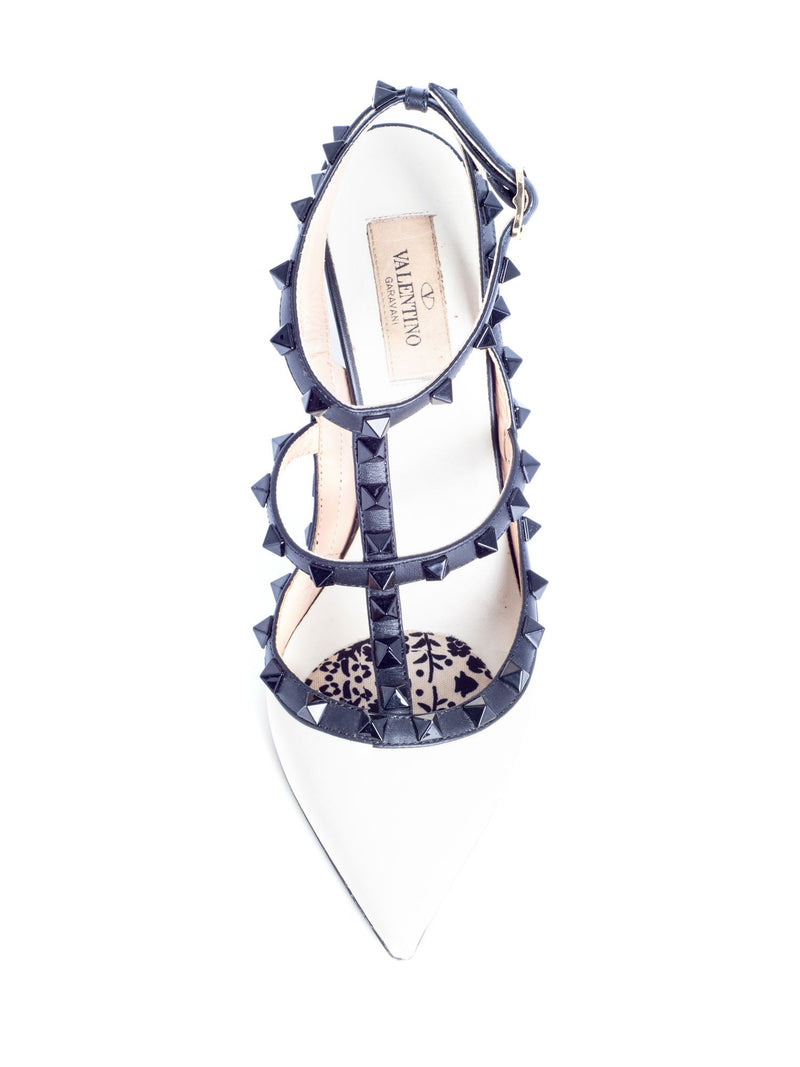 Valentino Leather Rockstud T Strap Heels Ivory Black-designer resale
