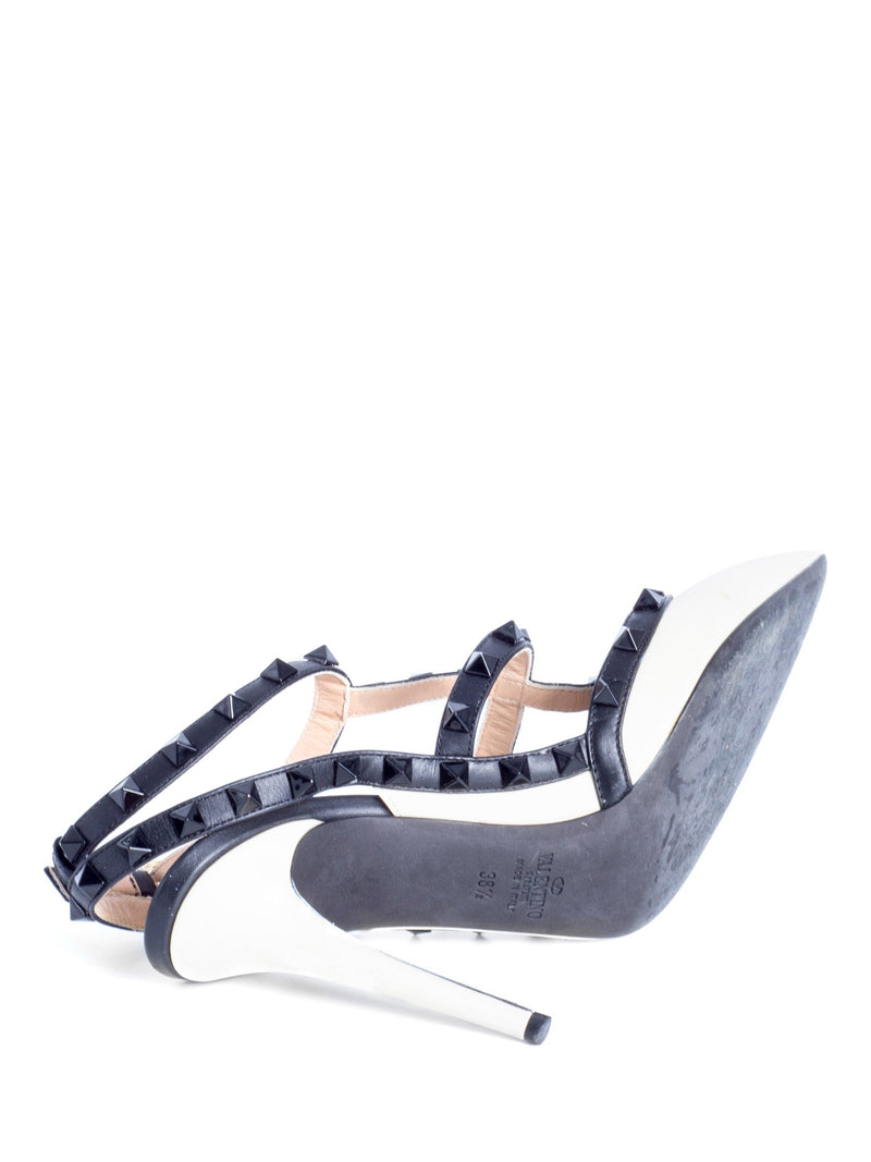 Valentino Leather Rockstud T Strap Heels Ivory Black-designer resale