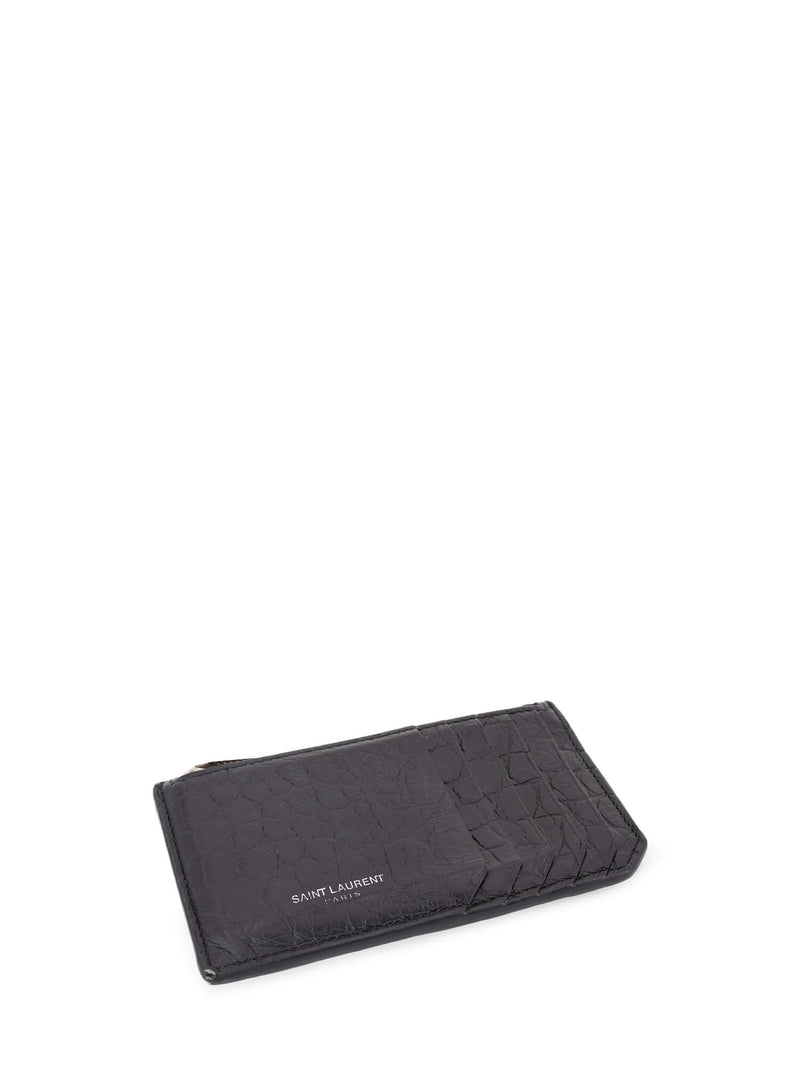 Yves Saint Laurent Croc Embossed Card Holder Black-designer resale
