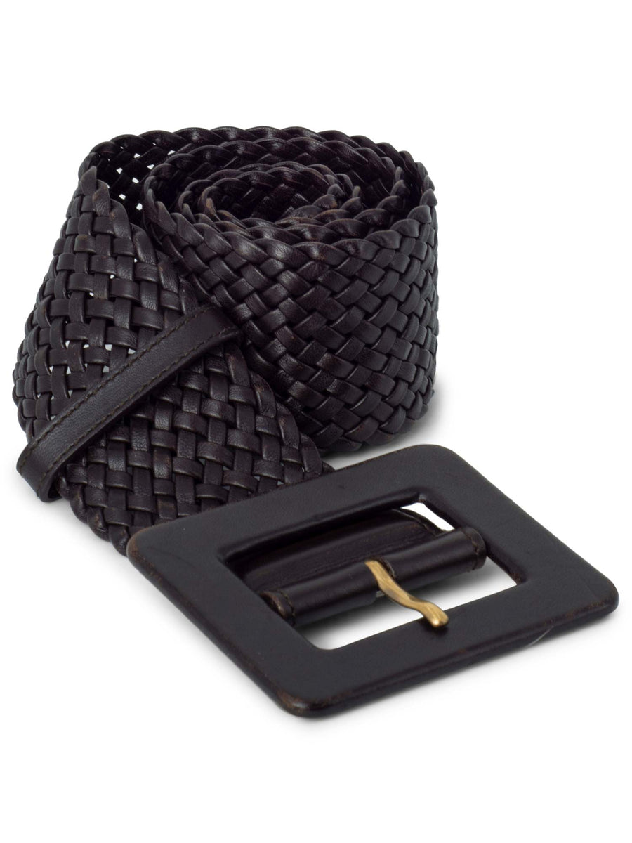Yves Saint Laurent Leather Woven Large Buckle Belt Brown