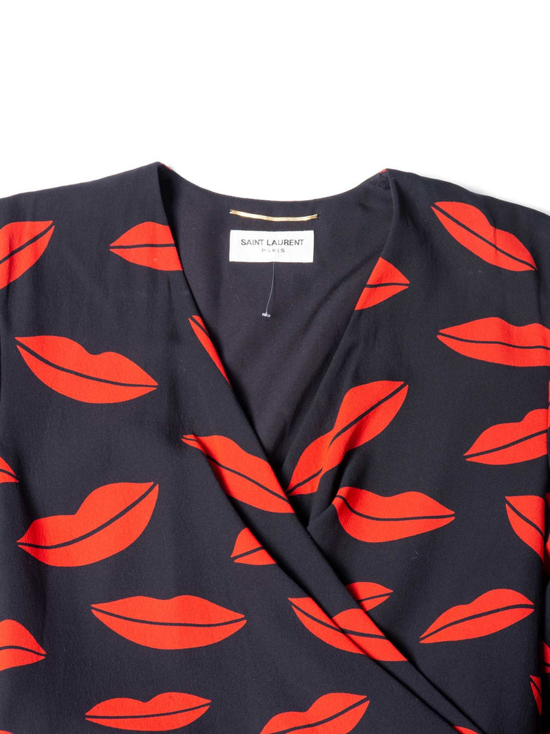 Yves Saint Laurent Silk Lips Print Wrap Dress Black Red-designer resale