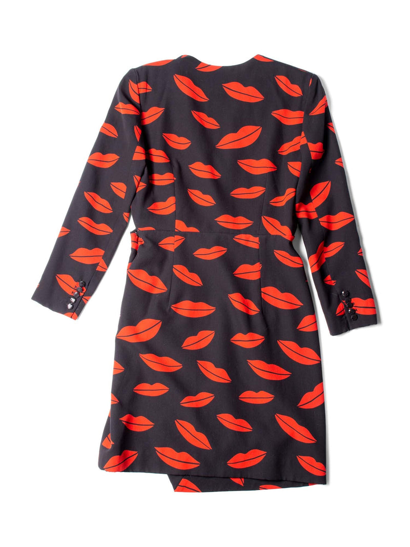 Yves Saint Laurent Silk Lips Print Wrap Dress Black Red-designer resale