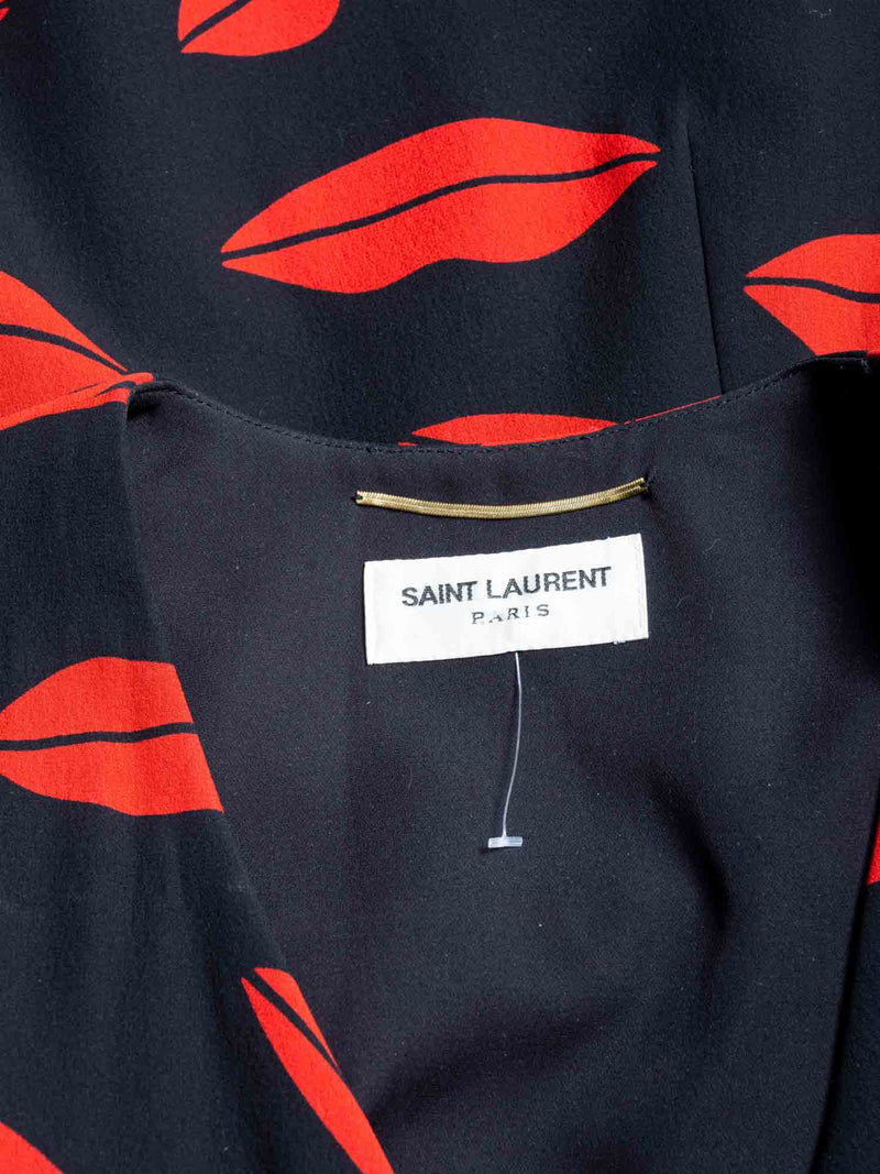 Yves Saint Laurent Silk Lips Print Wrap Dress Black Red-designer resale