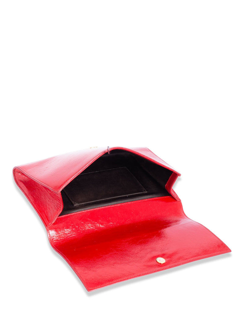 Yves Saint Laurent YSL Logo Patent Leather Large Flap Clutch Red-designer resale