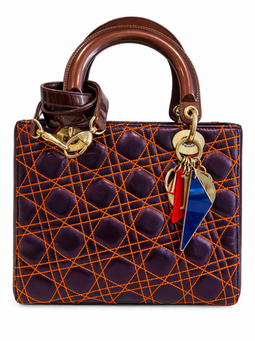 Dior Logo Cannage Leather Lady Dior Top Handle Bag Metallic Purple Orange