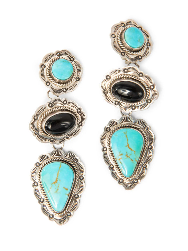Aaron Toadlena Sterling Silver Turquoise Onyx Clip On Earrings Blue Black-designer resale