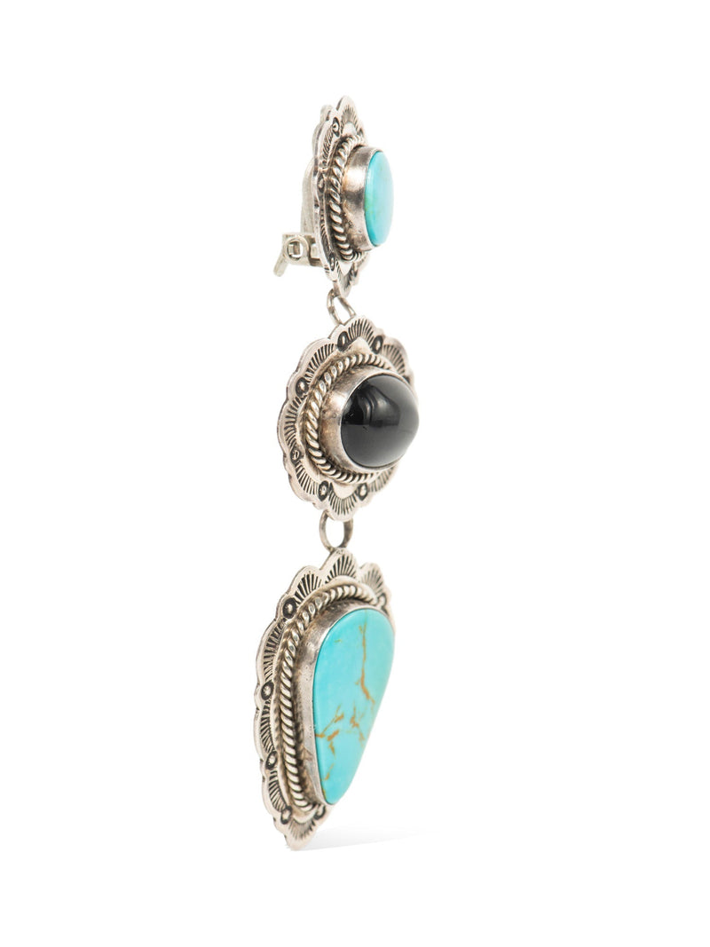 Aaron Toadlena Sterling Silver Turquoise Onyx Clip On Earrings Blue Black-designer resale