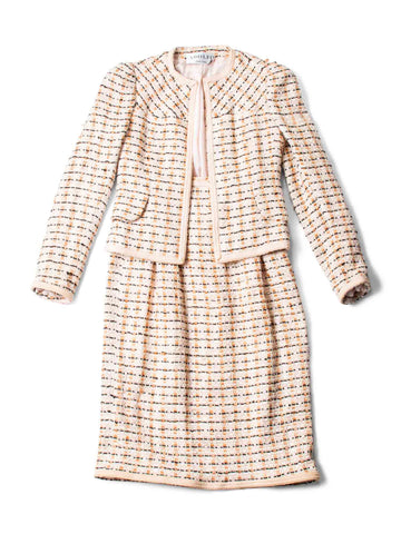 Adolfo New York Vintage Tweed Jacket Skirt Set Beige-designer resale