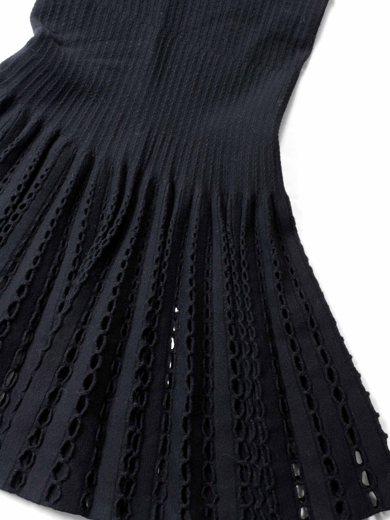 Alaia Knitted Perforated A-Line Pleated Dress Black-designer resale