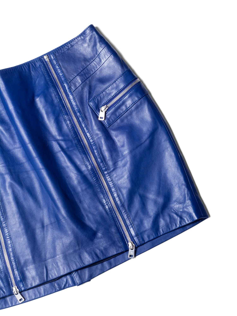 Alexander McQueen Leather Zippered Pocketed Mini Skirt Blue-designer resale