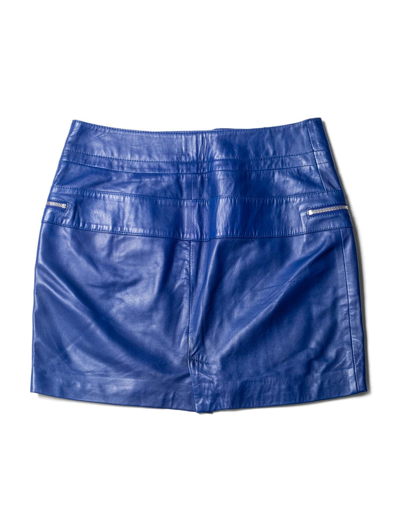 Alexander McQueen Leather Zippered Pocketed Mini Skirt Blue-designer resale