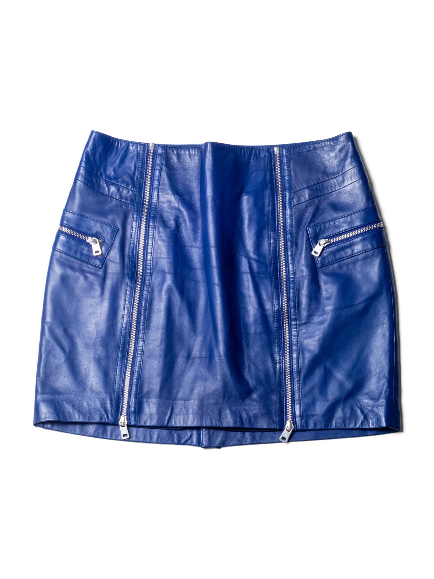 Alexander McQueen Leather Zippered Pocketed Mini Skirt Blue-designer resale