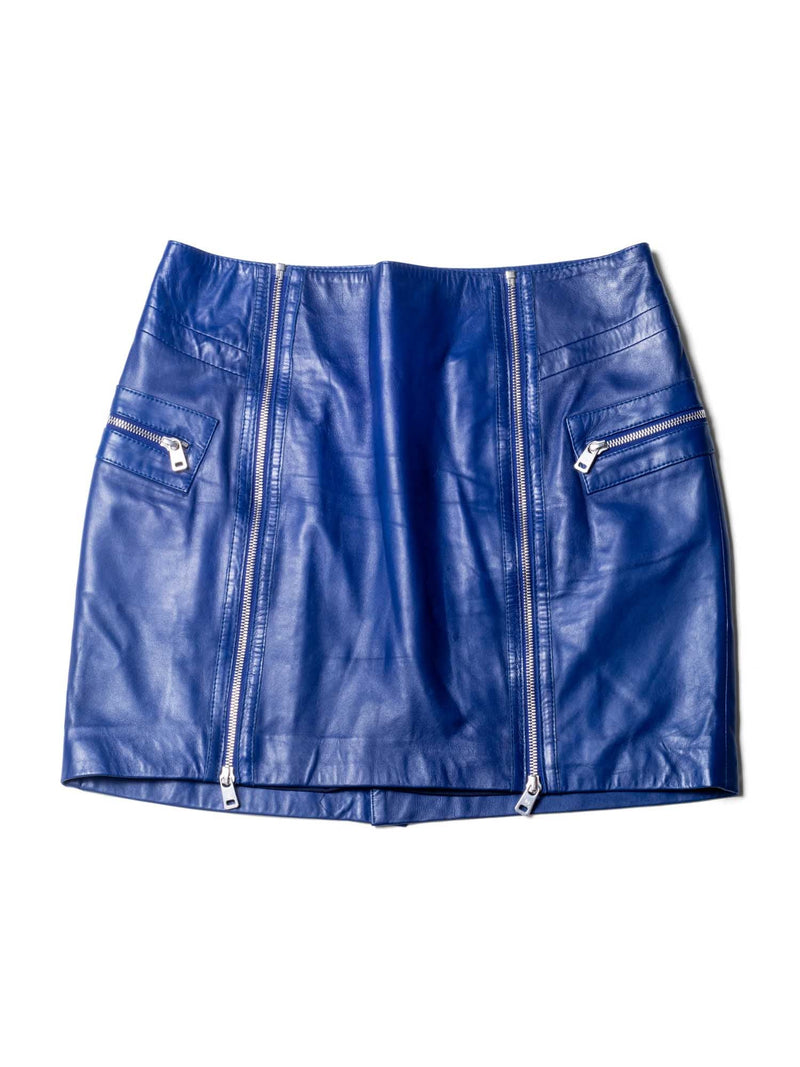 Alexander McQueen Leather Zippered Pocketed Mini Skirt Blue-designer resale