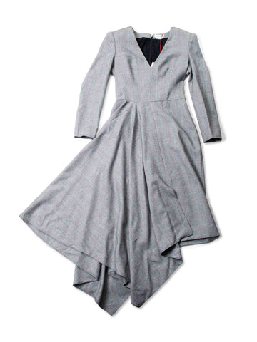 Alexander McQueen Wool Asymetrical Plaid Midi Dress Grey-designer resale
