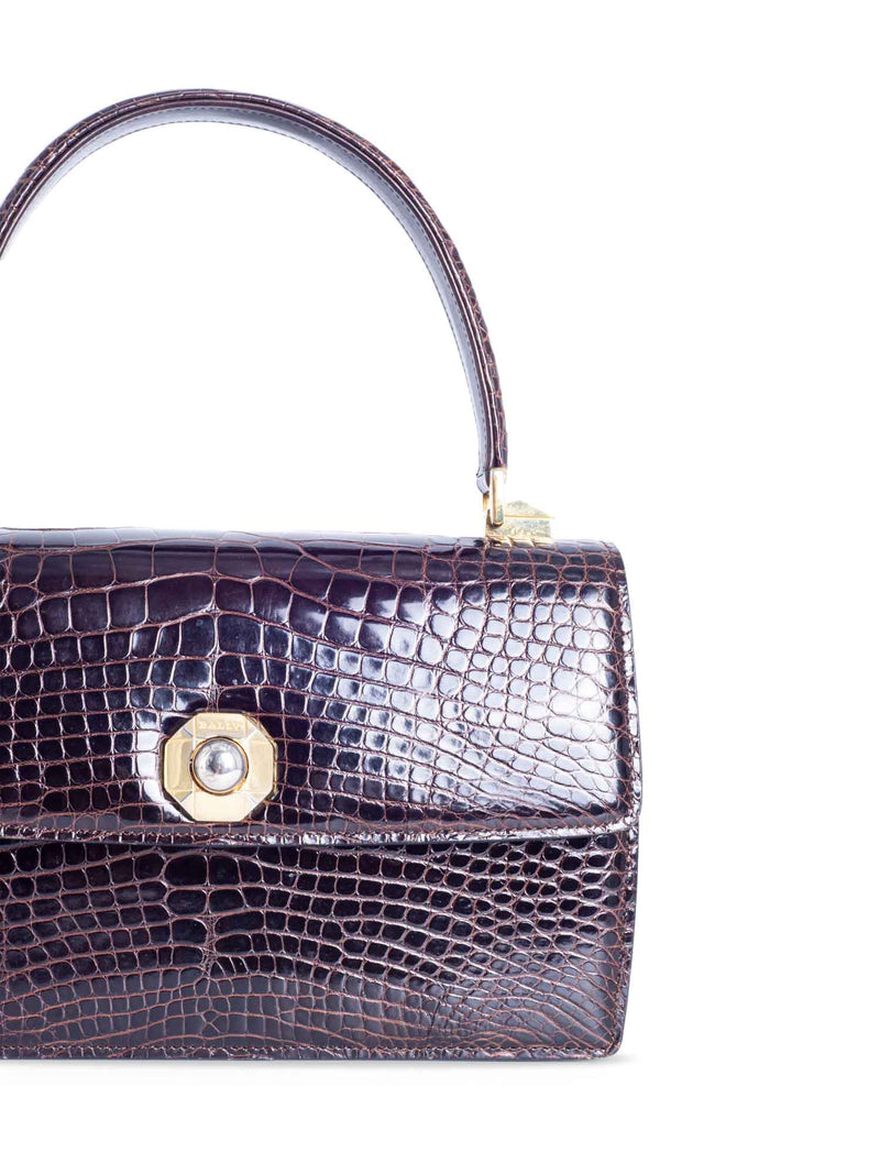 Bally Vintage Logo Shiny Crocodile Flap Top Handle Messenger Bag Brown-designer resale