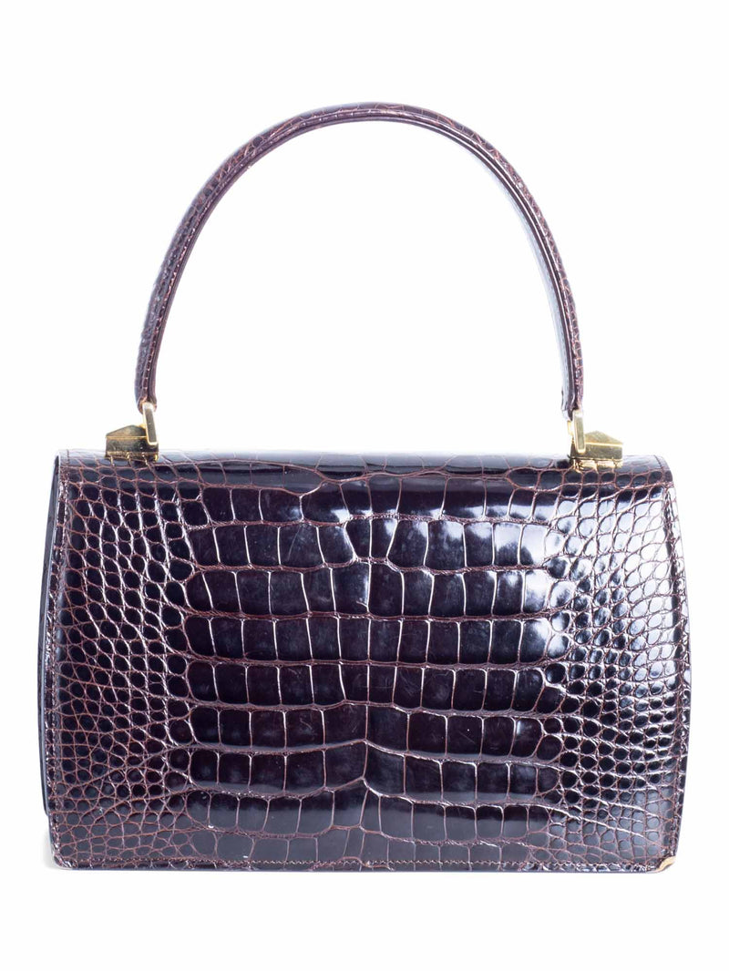 Bally Vintage Logo Shiny Crocodile Flap Top Handle Messenger Bag Brown
