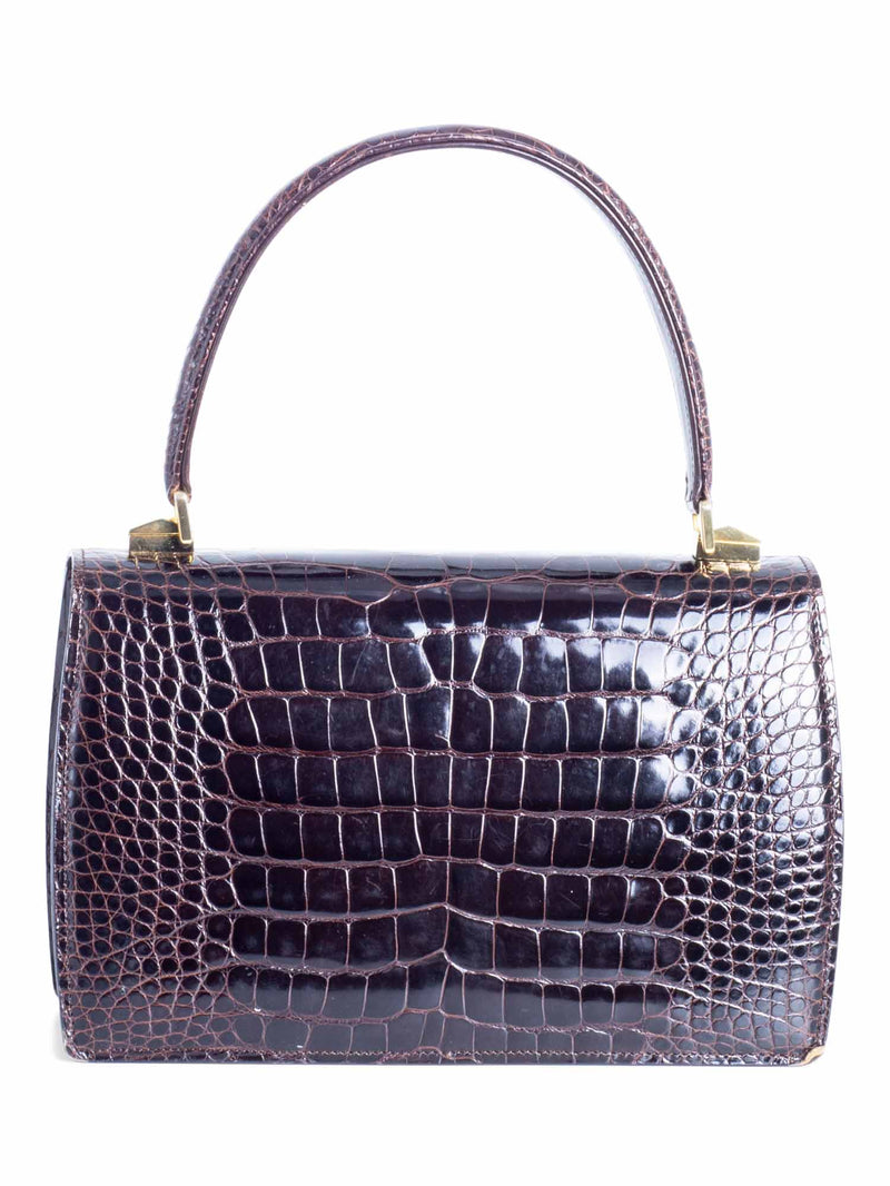 Bally Vintage Logo Shiny Crocodile Flap Top Handle Messenger Bag Brown-designer resale